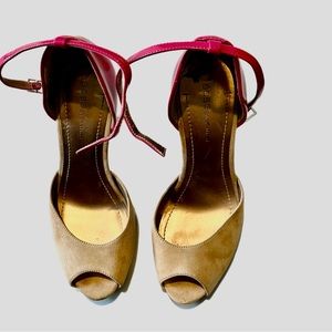 BCBGeneration tan suede with pink paten leather high heel, size 7